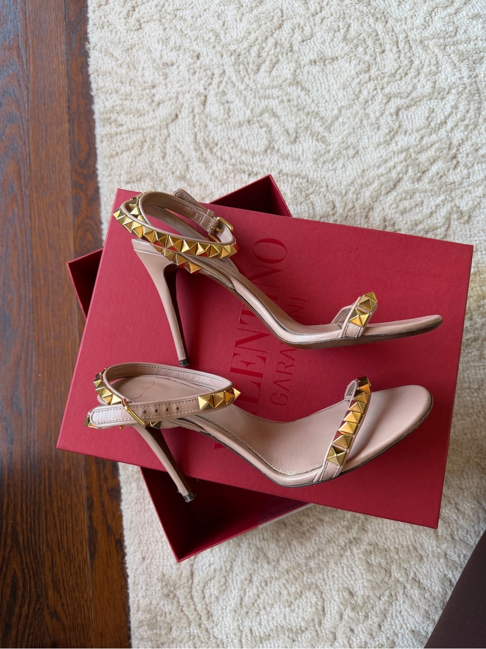 Valentino Garavani Pink Leather Stiletto Sandals with Gold Pyramid Studs